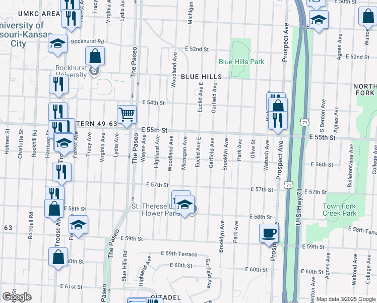 map of restaurants, bars, coffee shops, grocery stores, and more near 5533 Michigan Avenue in Kansas City