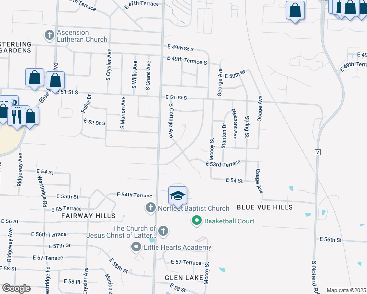 map of restaurants, bars, coffee shops, grocery stores, and more near 5234 Delaware Street in Kansas City