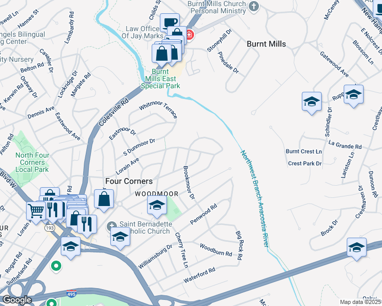 map of restaurants, bars, coffee shops, grocery stores, and more near 10311 Brookmoor Drive in Silver Spring