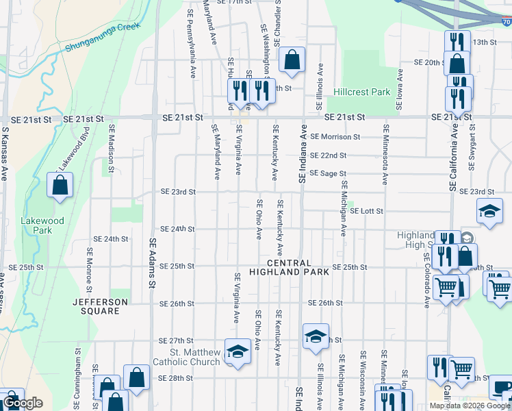 map of restaurants, bars, coffee shops, grocery stores, and more near 2319 Southeast Ohio Avenue in Topeka