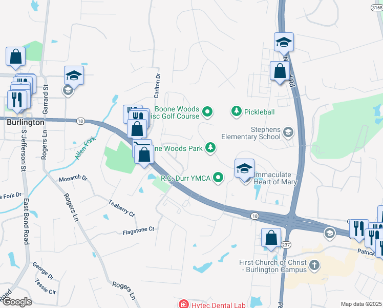 map of restaurants, bars, coffee shops, grocery stores, and more near 2371 Creedmore Court in Burlington