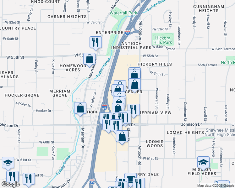 map of restaurants, bars, coffee shops, grocery stores, and more near 20 in Merriam
