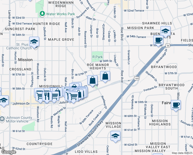 map of restaurants, bars, coffee shops, grocery stores, and more near 5711 Ash Drive in Roeland Park