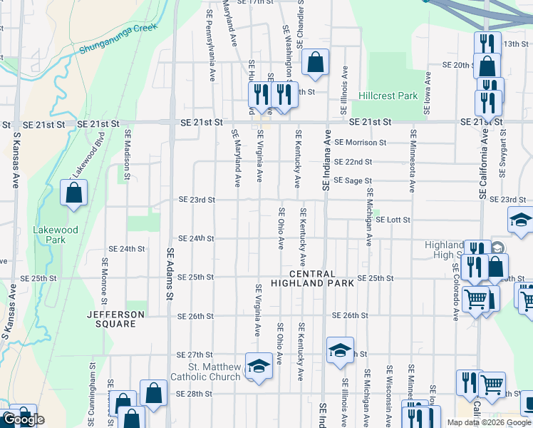 map of restaurants, bars, coffee shops, grocery stores, and more near 2319 SE Ohio Ave in Topeka