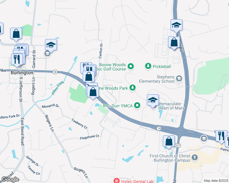 map of restaurants, bars, coffee shops, grocery stores, and more near 2363 Doublegate Ln in Burlington