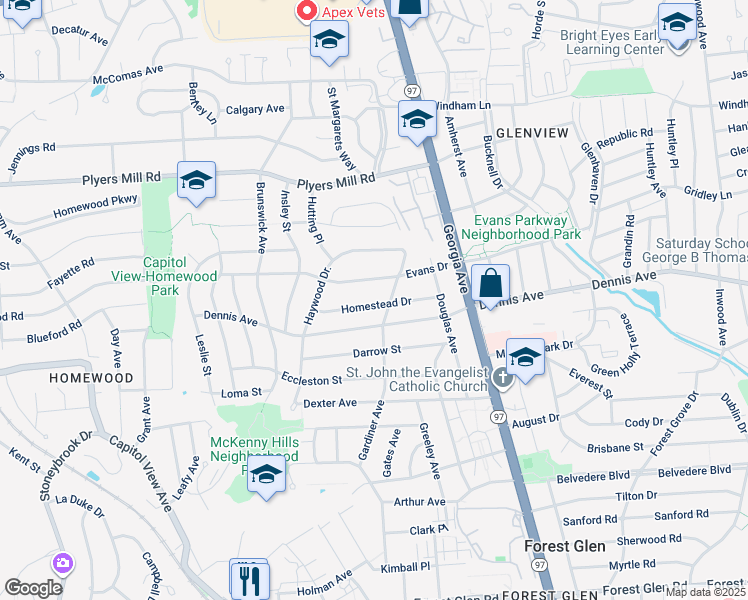 map of restaurants, bars, coffee shops, grocery stores, and more near 2405 Homestead Drive in Silver Spring