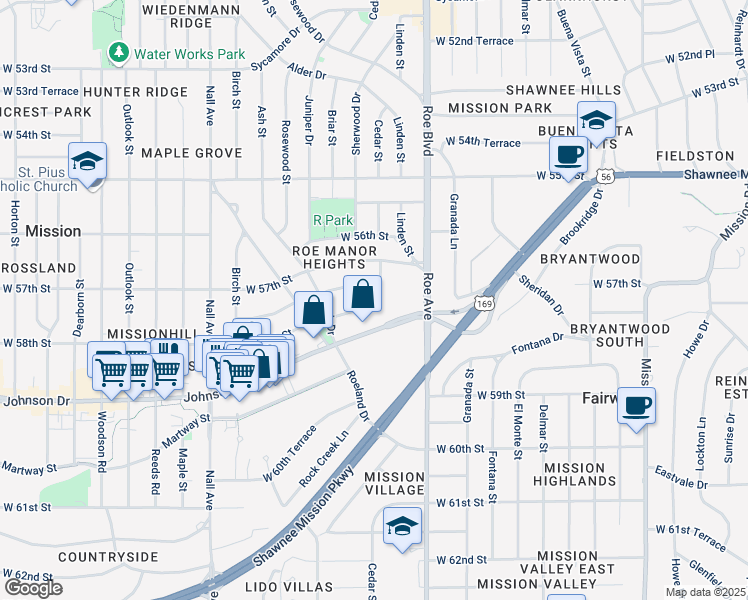 map of restaurants, bars, coffee shops, grocery stores, and more near 4906 West 58th Street in Roeland Park