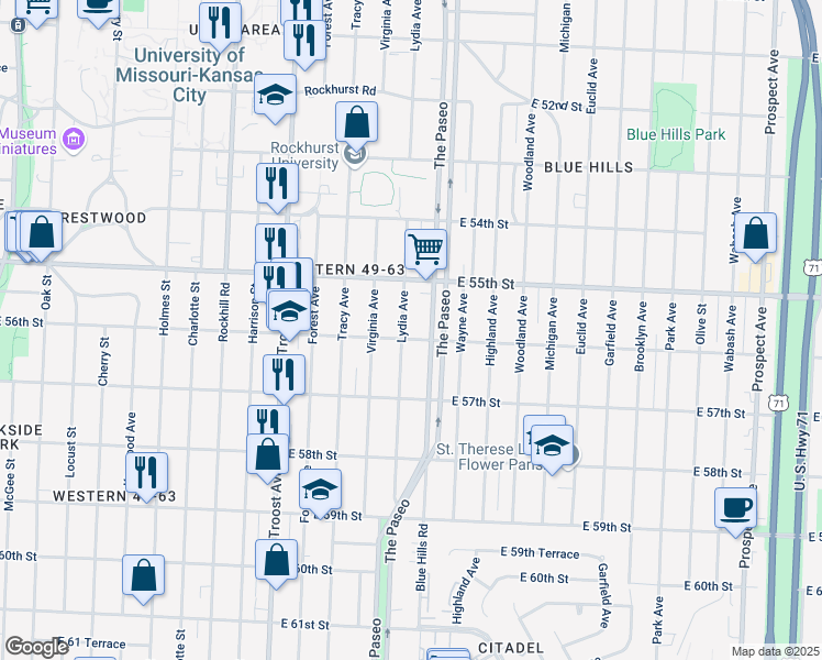 map of restaurants, bars, coffee shops, grocery stores, and more near 5541 Lydia Ave in Kansas City