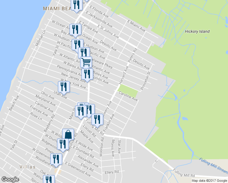 map of restaurants, bars, coffee shops, grocery stores, and more near 22 Mowery Avenue in Villas