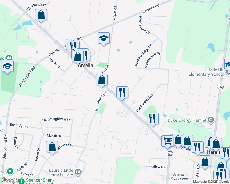 map of restaurants, bars, coffee shops, grocery stores, and more near 69 East Main Street in Amelia
