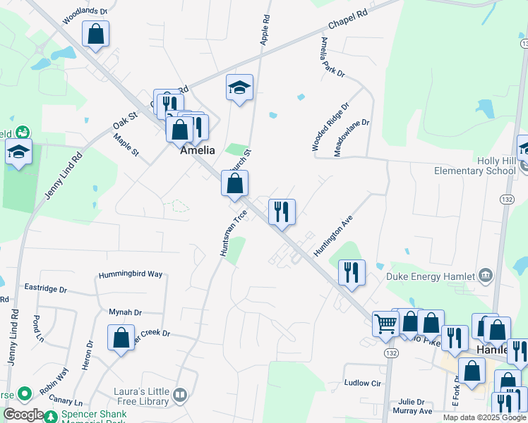 map of restaurants, bars, coffee shops, grocery stores, and more near 69 East Main Street in Amelia