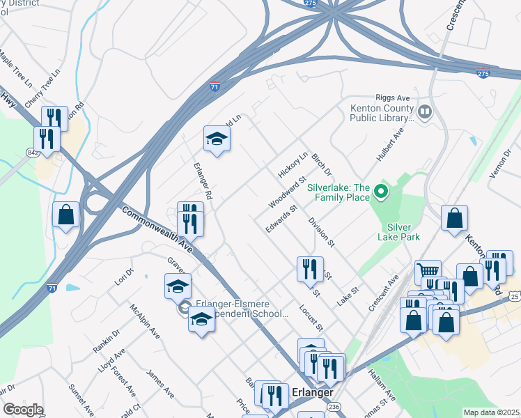 map of restaurants, bars, coffee shops, grocery stores, and more near 452 Center Street in Erlanger