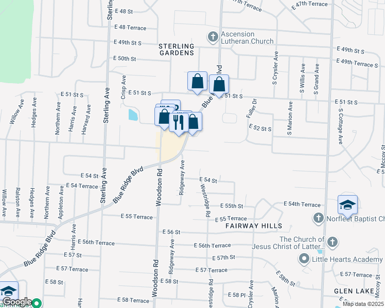 map of restaurants, bars, coffee shops, grocery stores, and more near 5301 Ridgeway Avenue in Raytown