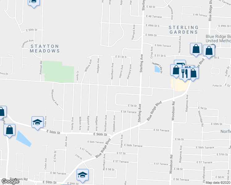 map of restaurants, bars, coffee shops, grocery stores, and more near 5316 Appleton Avenue in Raytown