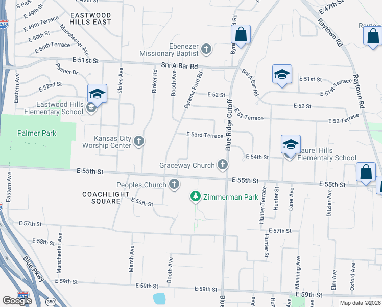 map of restaurants, bars, coffee shops, grocery stores, and more near 8612 East 54 Terrace in Kansas City