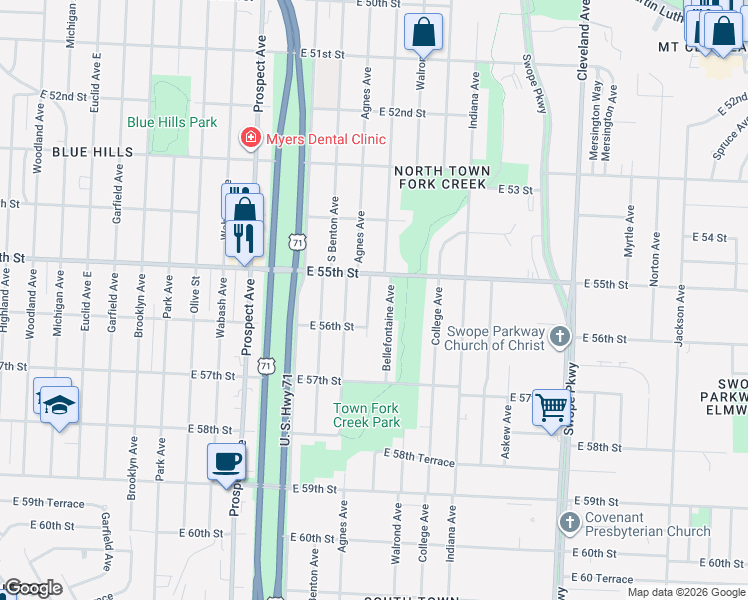 map of restaurants, bars, coffee shops, grocery stores, and more near 5518 Bellefontaine Avenue in Kansas City