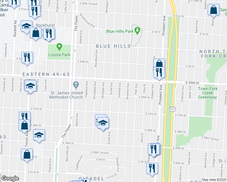 map of restaurants, bars, coffee shops, grocery stores, and more near 5530 Garfield Avenue in Kansas City