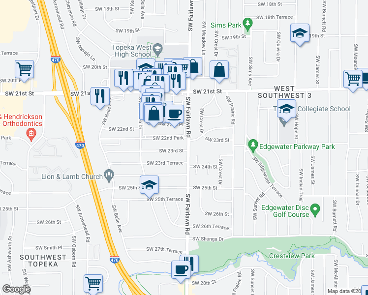 map of restaurants, bars, coffee shops, grocery stores, and more near 2310 Southwest Fairlawn Road in Topeka