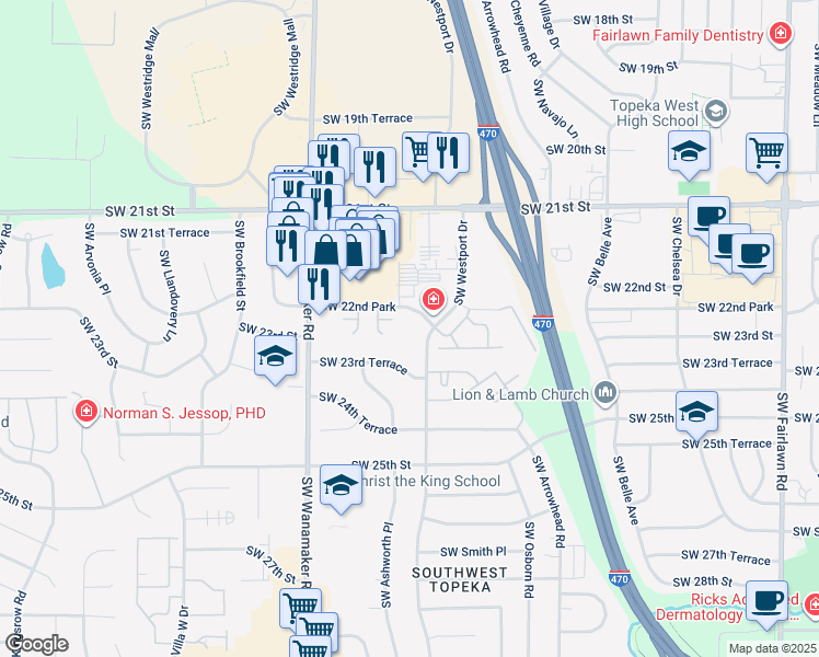 map of restaurants, bars, coffee shops, grocery stores, and more near 2249 Southwest Westport Drive in Topeka