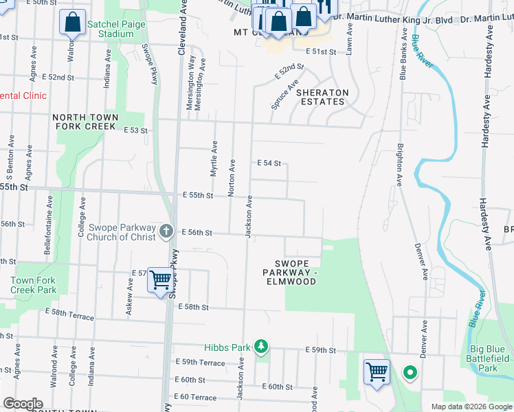 map of restaurants, bars, coffee shops, grocery stores, and more near 5509 Jackson Avenue in Kansas City