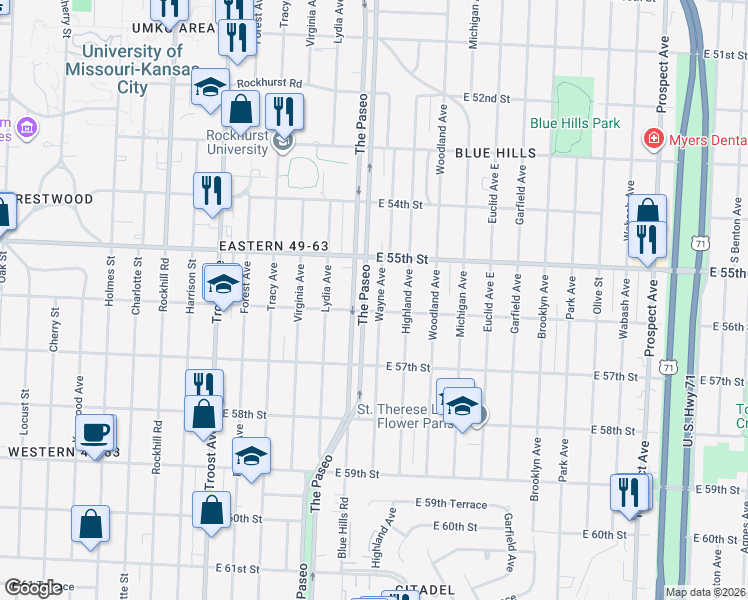 map of restaurants, bars, coffee shops, grocery stores, and more near 5540 The Paseo in Kansas City