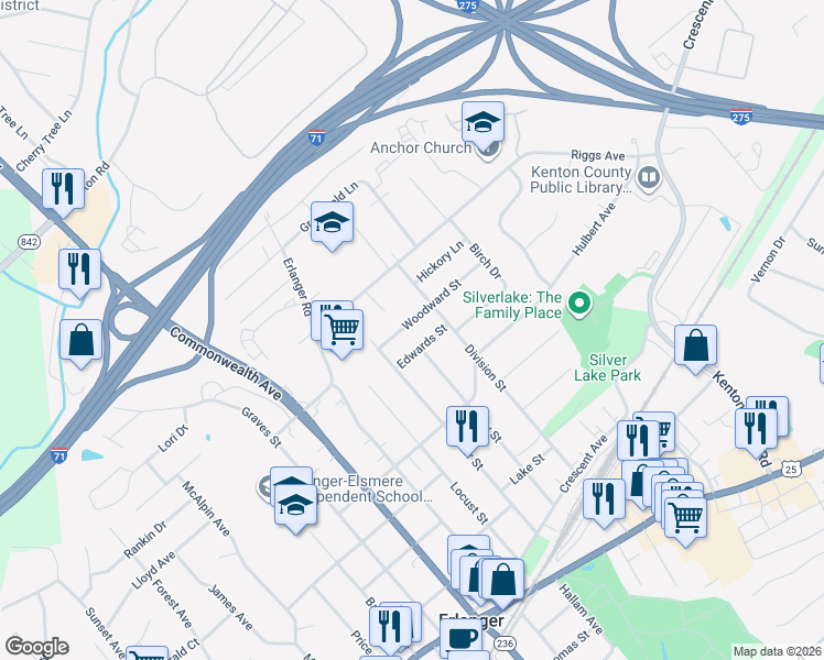 map of restaurants, bars, coffee shops, grocery stores, and more near 3213 Woodward Avenue in Erlanger