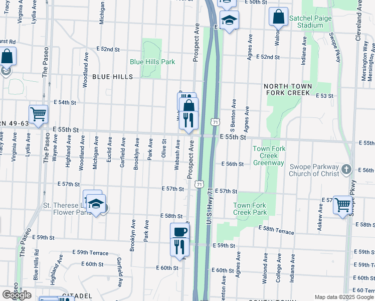 map of restaurants, bars, coffee shops, grocery stores, and more near 5528 Prospect Avenue in Kansas City