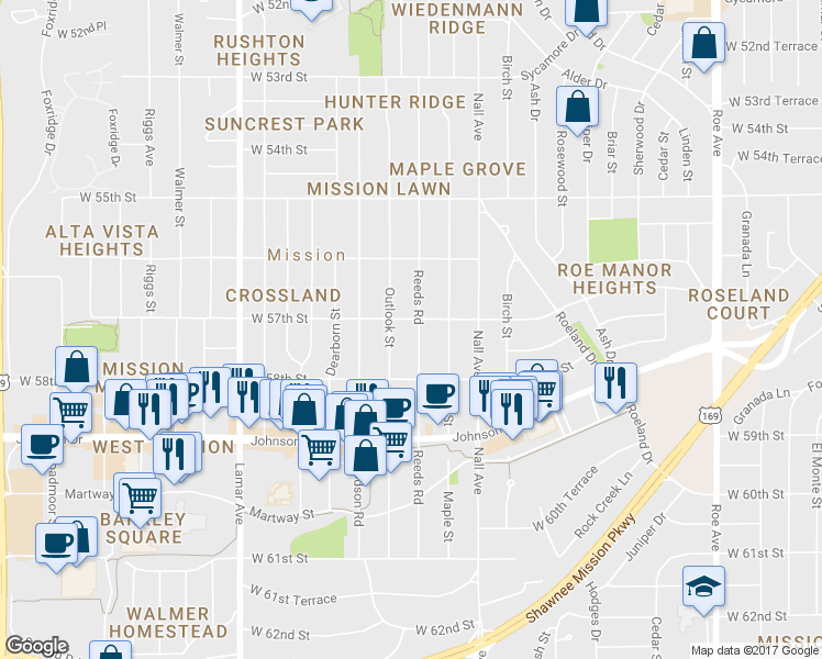 map of restaurants, bars, coffee shops, grocery stores, and more near 5704 Reeds Road in Mission