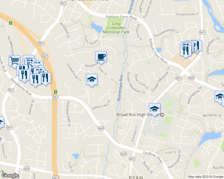 map of restaurants, bars, coffee shops, grocery stores, and more near 21358 Ashburn Run Pl in Ashburn