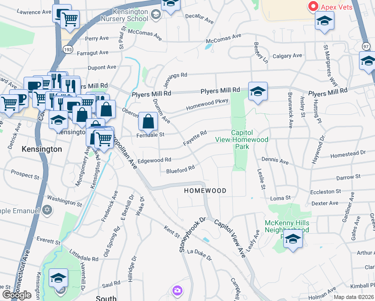 map of restaurants, bars, coffee shops, grocery stores, and more near 10310 Drumm Avenue in Kensington