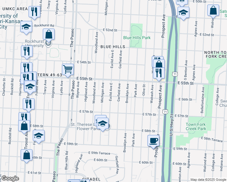 map of restaurants, bars, coffee shops, grocery stores, and more near 5530 Garfield Avenue in Kansas City