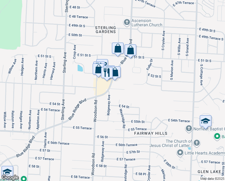 map of restaurants, bars, coffee shops, grocery stores, and more near 5301 Ridgeway Avenue in Raytown