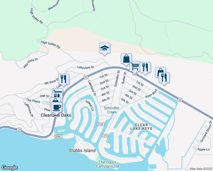 map of restaurants, bars, coffee shops, grocery stores, and more near 12932 3rd Street in Clearlake Oaks