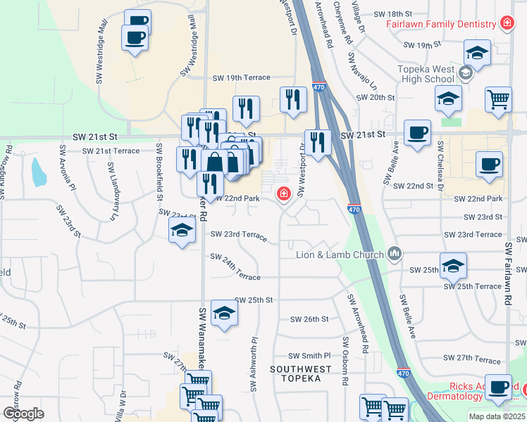 map of restaurants, bars, coffee shops, grocery stores, and more near 2249 Southwest Westport Drive in Topeka