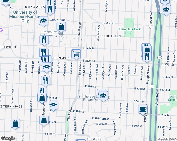 map of restaurants, bars, coffee shops, grocery stores, and more near 5538 Highland Avenue in Kansas City