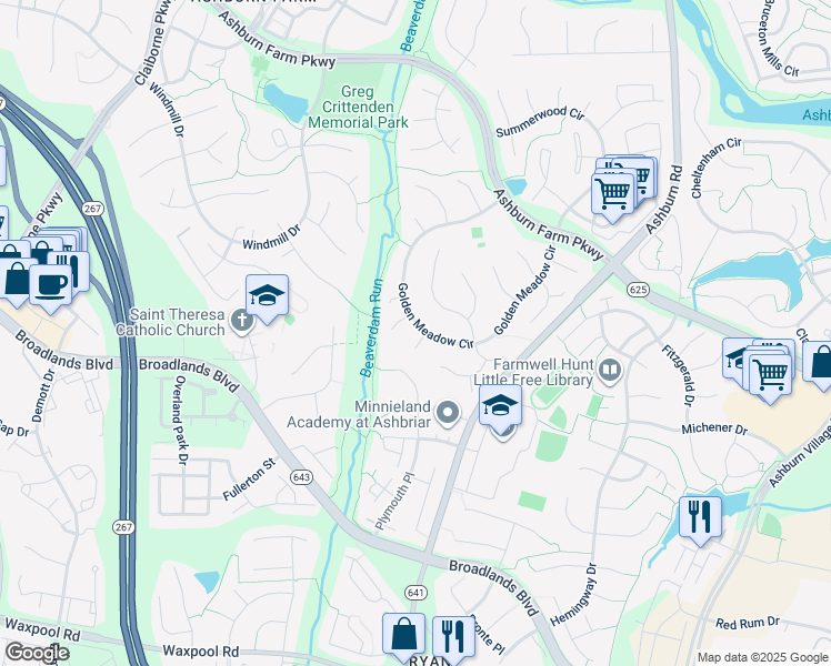 map of restaurants, bars, coffee shops, grocery stores, and more near 21371 Applegrove Court in Ashburn