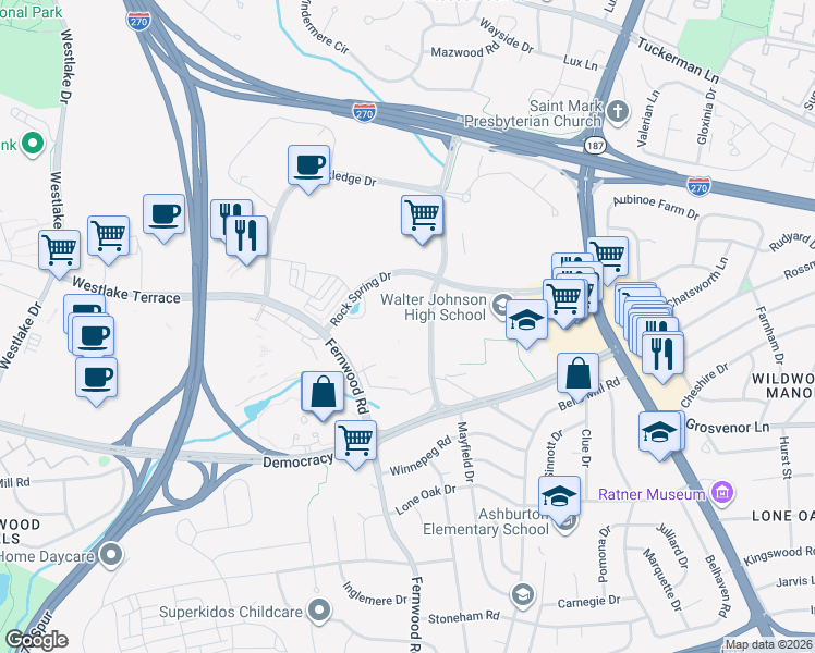 map of restaurants, bars, coffee shops, grocery stores, and more near 6430 Rockledge Drive in Bethesda