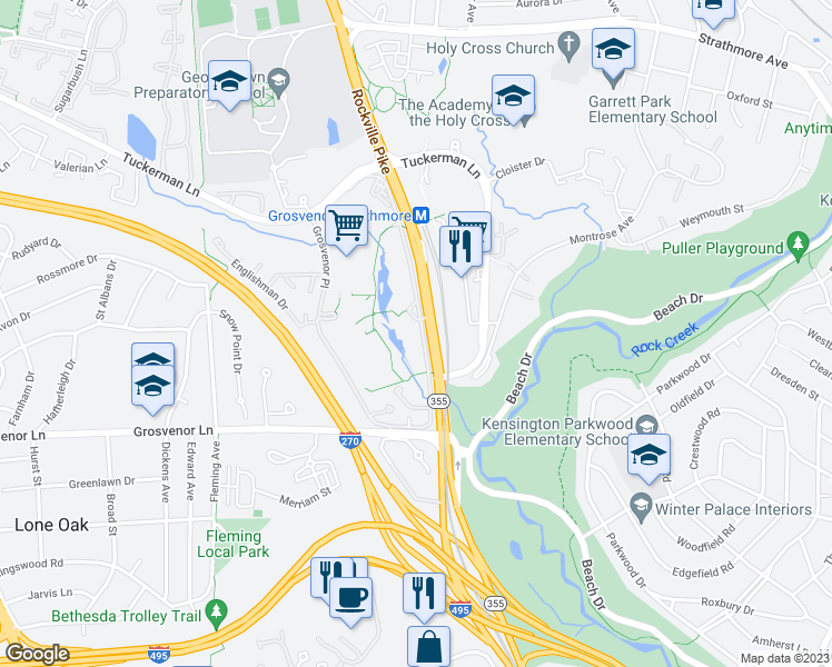 map of restaurants, bars, coffee shops, grocery stores, and more near 10228 Rockville Pike in North Bethesda