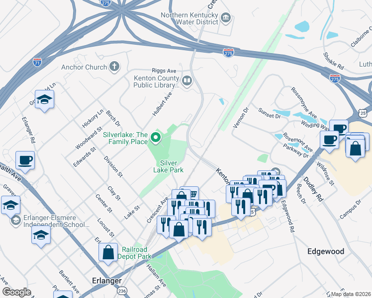 map of restaurants, bars, coffee shops, grocery stores, and more near Coordinator Drive in Erlanger