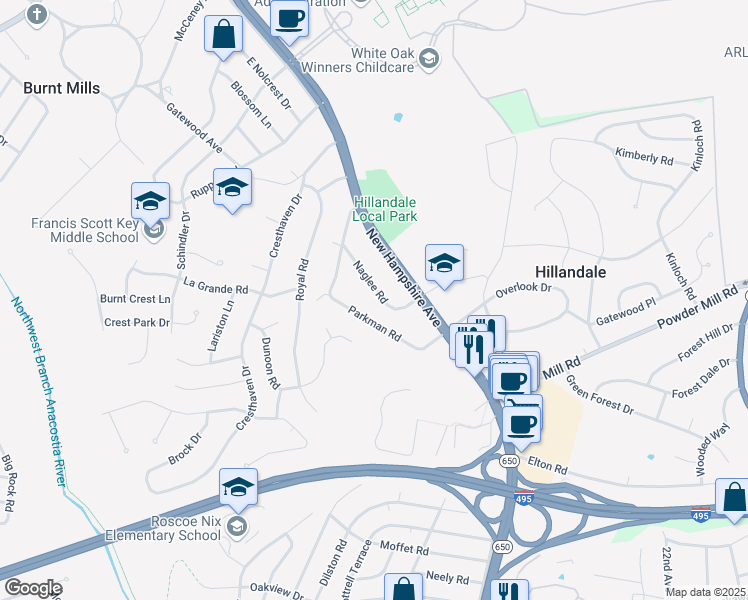 map of restaurants, bars, coffee shops, grocery stores, and more near 10310 Naglee Road in Silver Spring