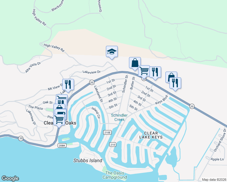 map of restaurants, bars, coffee shops, grocery stores, and more near 12932 3rd Street in Clearlake Oaks