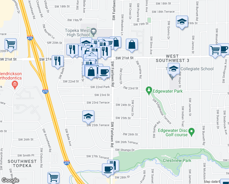 map of restaurants, bars, coffee shops, grocery stores, and more near 2310 Southwest Fairlawn Road in Topeka