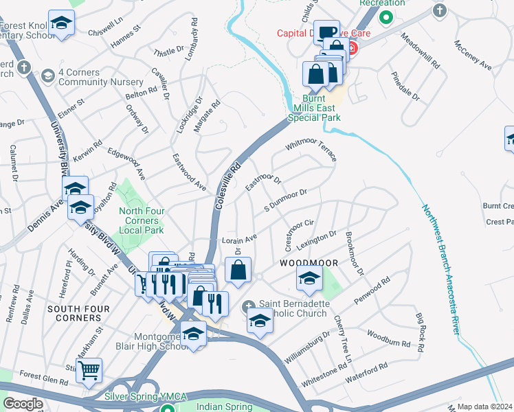 map of restaurants, bars, coffee shops, grocery stores, and more near 10307 Ridgemoor Drive in Silver Spring