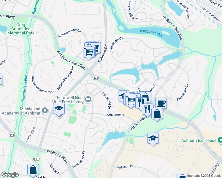map of restaurants, bars, coffee shops, grocery stores, and more near 21365 Hansberry Terrace in Ashburn