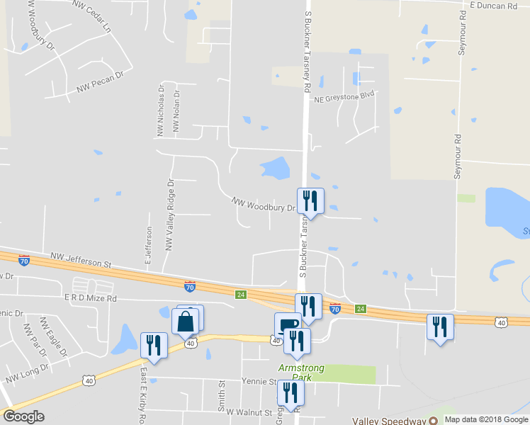 map of restaurants, bars, coffee shops, grocery stores, and more near 171 Northwest Woodbury Drive in Grain Valley