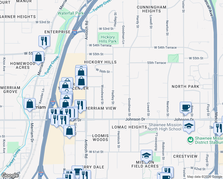 map of restaurants, bars, coffee shops, grocery stores, and more near 5704 Hadley Street in Merriam