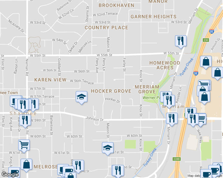 map of restaurants, bars, coffee shops, grocery stores, and more near 10030 West 57th Street in Shawnee