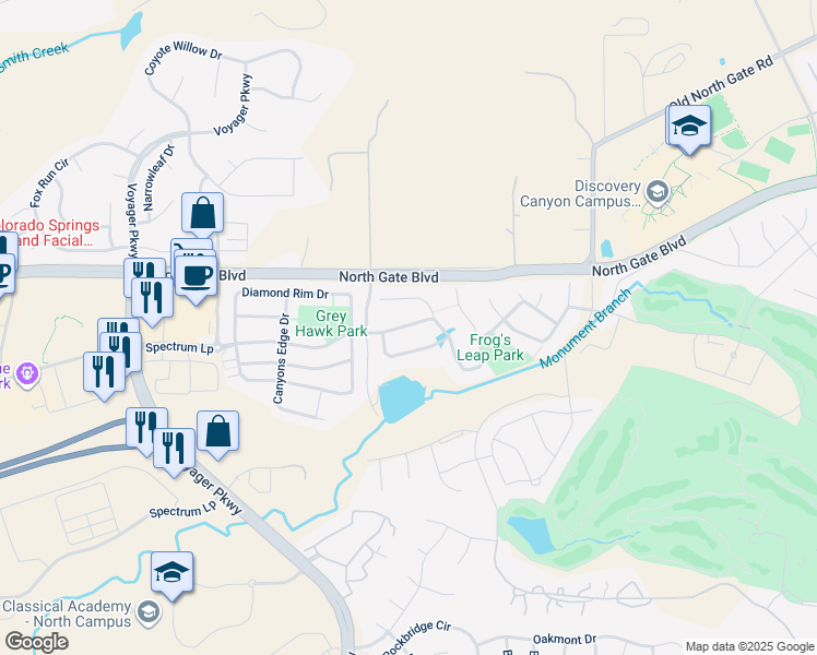map of restaurants, bars, coffee shops, grocery stores, and more near 1129 Spectrum Loop in Colorado Springs