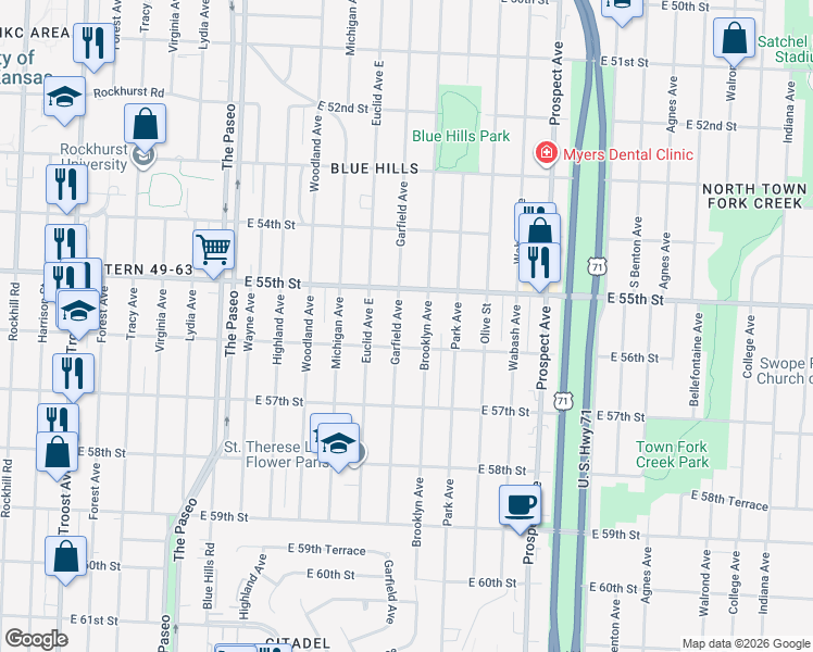 map of restaurants, bars, coffee shops, grocery stores, and more near 5528 Brooklyn Avenue in Kansas City