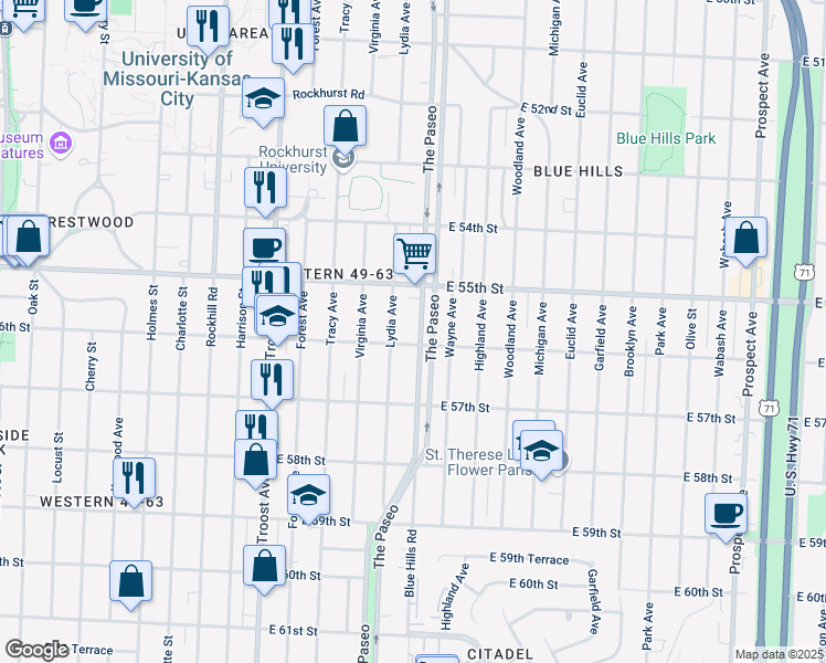map of restaurants, bars, coffee shops, grocery stores, and more near 5541 Lydia Avenue in Kansas City